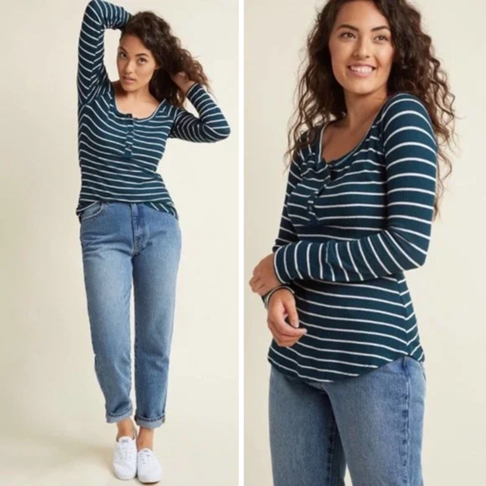 ModCloth | Teal & White Striped Waffle-Knit Thermal Henley Top
